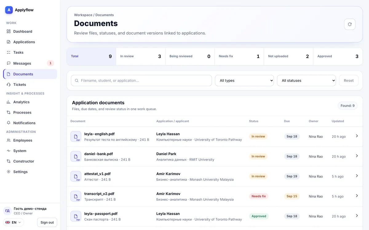 The document queue in the CRM: review statuses, deadlines and owners