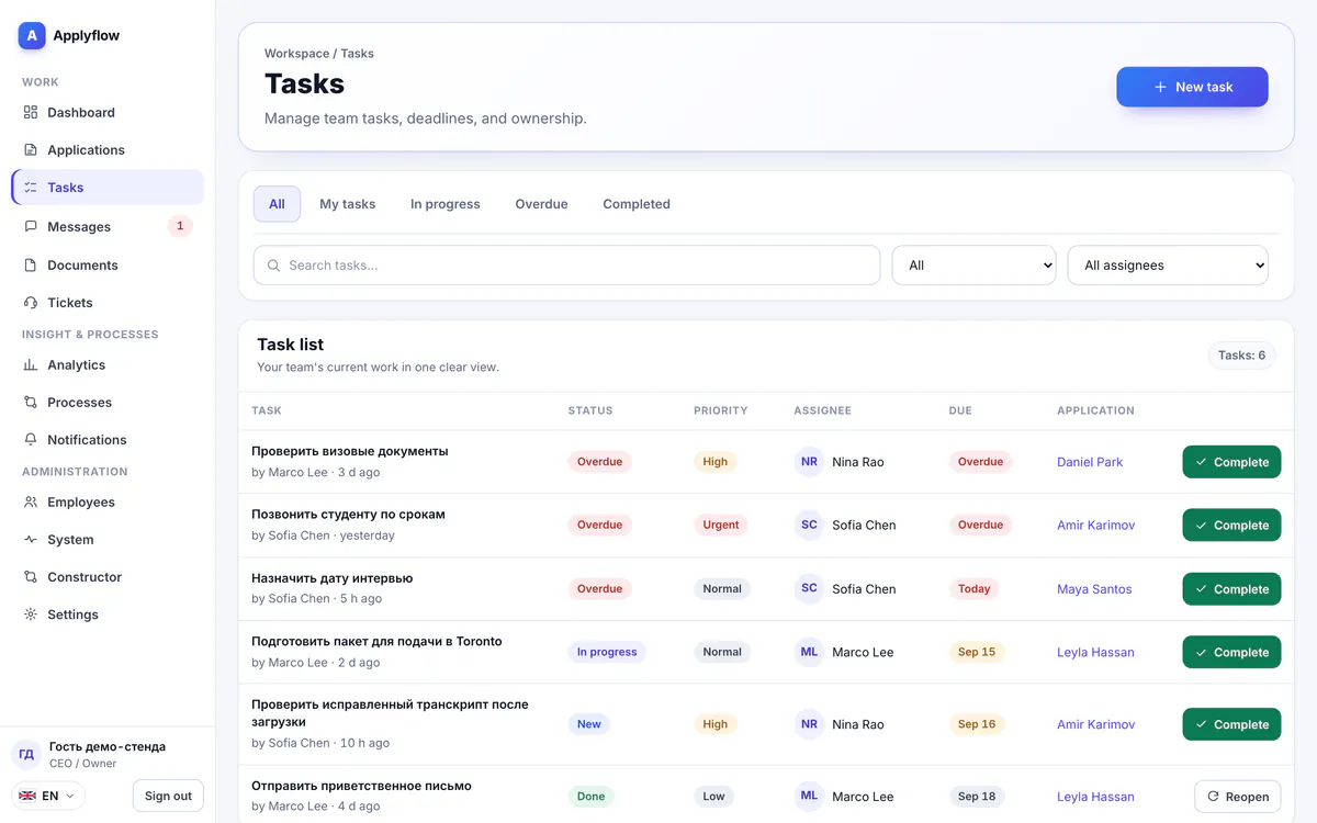 The task list in the CRM: statuses, priorities, assignees and deadlines