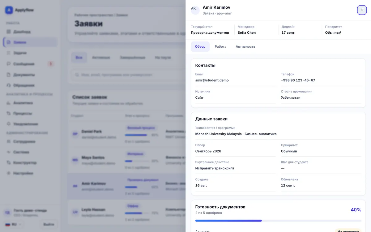Карточка заявки в CRM: текущий этап, менеджер, контакты и готовность документов