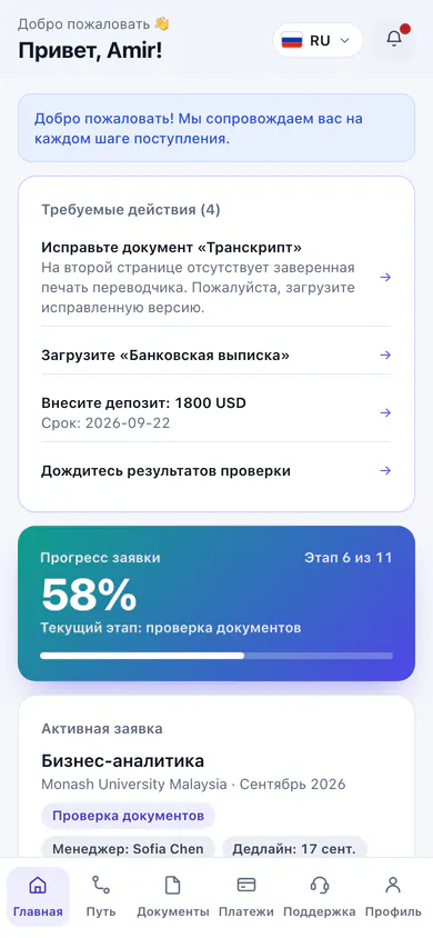 Главный экран кабинета клиента: нужные действия, прогресс и активная заявка
